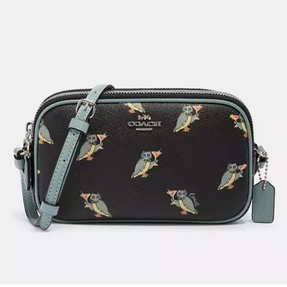 Coach Black Crossbody Bag with Owl Print, Hangtag, Double Zipper